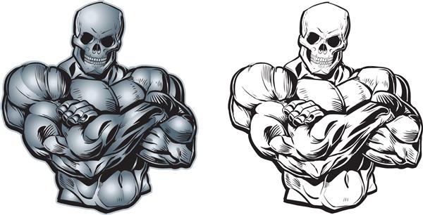 تصویر وکتور کارتون کلیپ آرت از نیم تنه مردانه و سخت عضلانی ترسناک با بازوهای ضربدری و جمجمه برای سر یا صورت رنگی و سیاه و سفید