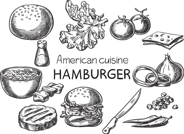 همبرگر وکتور مفهومی خلاقانه طرحی که با دست کشیده شده است تصویر دستور غذای آمریکایی حکاکی جوهر هنر خط وکتور