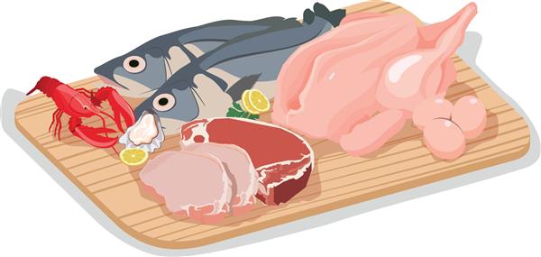مجموعه ای از غذای کارتونی برش های گوشت - گوشت گاو گوشت خوک بره ماهی مرغ تخم مرغ و ماهی فروش روی تخته برش