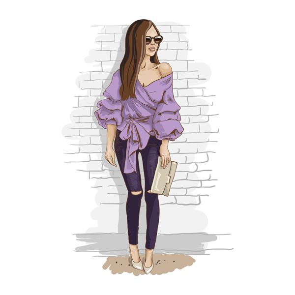لباس غیر رسمی شهری پیراهن های عاشقانه با شلوار جین زن جوان شیک با کیفی با عینک آفتابی که کنار دیوار آجری ژست گرفته است ظاهر مد طرح طراحی شده با دست تصویر برداری