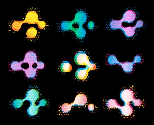 لوگوی مولکول نماد رنگارنگ اتم طراحی وکتور علمی آینده نگر مجموعه اشکال رنگارنگ انتزاعی