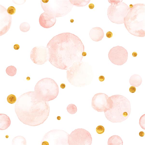 بافت وکتور آبرنگ دایره های آکوارل در رنگ های پاستلی الگوی بدون درز آبرنگ صورتی و لکه های طلایی جدا شده در پس زمینه سفید