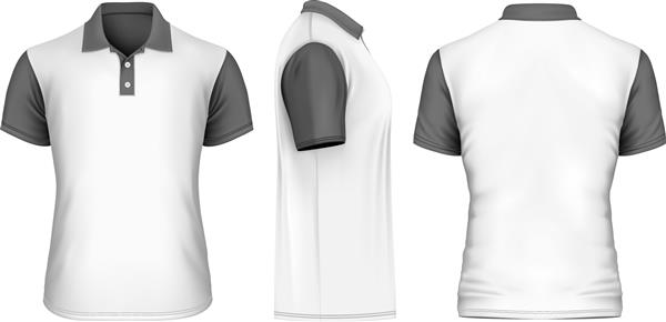 پیراهن یقه دار مردانه سفید با آستین و یقه مشکی نمای جلو پشت و جانبی تصویر برداری