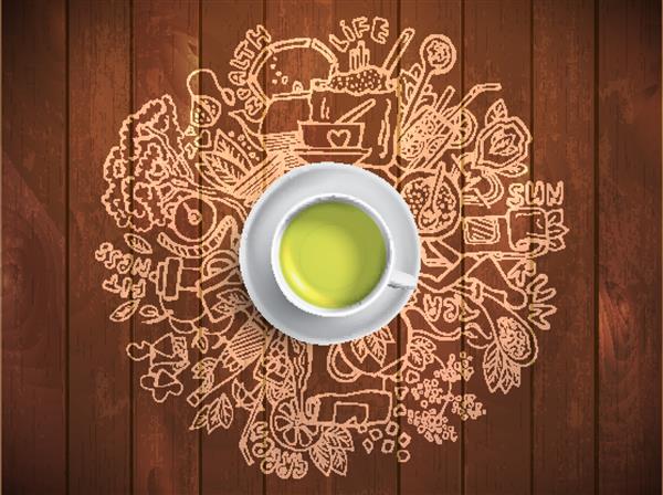 فنجان واقع گرایانه چای سبز با ابله دایره ای طرح عناصر سالم چای سبز محصولات طبیعی و اشیاء مربوط به چای سبز وکتور تصویر کشیدن دست