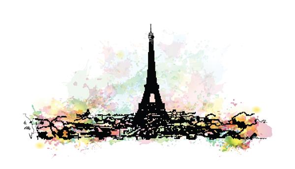 طرح آبرنگ برج ایفل پاریس پایتخت فرانسه در تصویر برداری