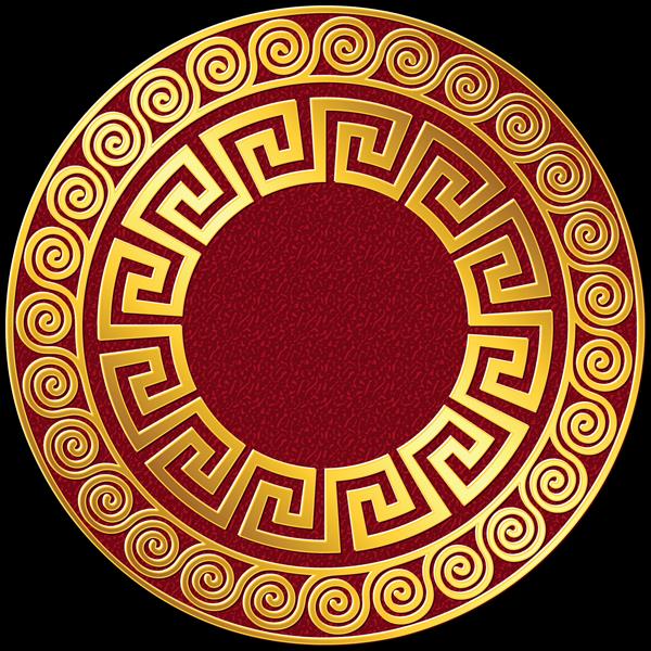 زیور سنتی یونانی گرد طلایی الگوی پیچ و خم در زمینه قرمز و مشکی الگوی کاشی های تزئینی بشقاب