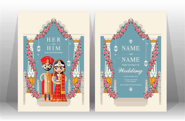 قالب های کارت دعوت عروسی با لباس های سنتی زنان و مردان هندی عروسی در زمینه رنگی کاغذ
