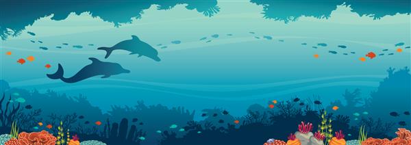 شبح دو دلفین صخره مرجانی و مدرسه ماهی در زمینه آبی دریا غارهای زیر آب و موجودات اقیانوسی وکتور منظره دریا