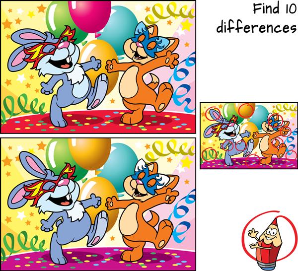 رقص خرگوش و گربه شاد با ماسک در کارناوال 10 تفاوت را پیدا کنید بازی آموزشی برای کودکان تصویر برداری کارتونی