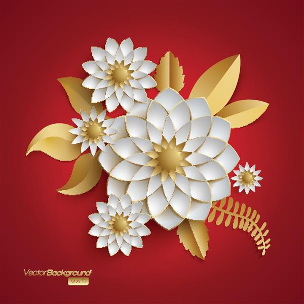دسته سه بعدی از گل های سفید طلایی به سبک آرابسک در پس زمینه قرمز