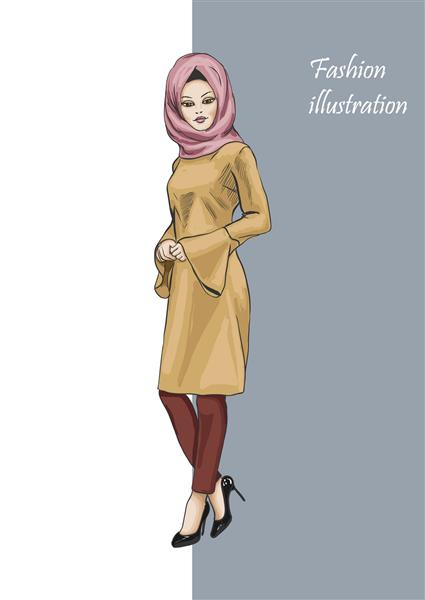 پرتره مد زن جوان زیبا با حجاب و لباس سنتی شیک مد برای زنان مسلمان طرح طراحی شده با دست تصویر برداری
