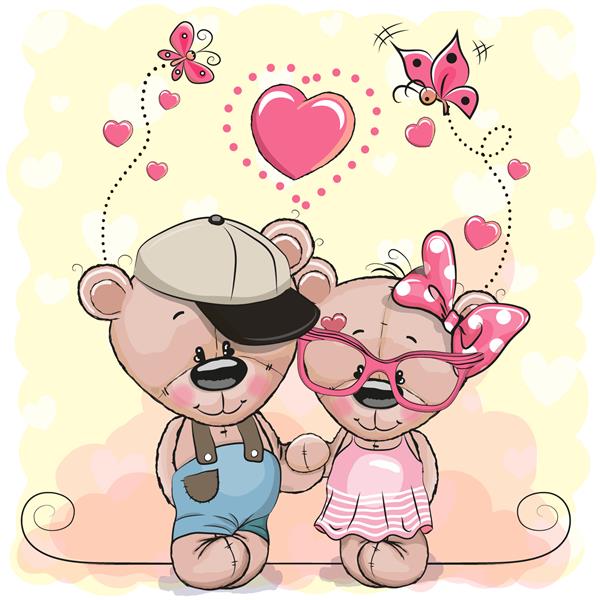 دو خرس کارتونی زیبا روی پس زمینه قلب