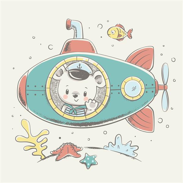 ملوان خرس ناز روی تصویر وکتور کارتون زیردریایی قابل استفاده برای چاپ تی شرت طراحی مد لباس کودکان کارت دعوت حمام نوزاد
