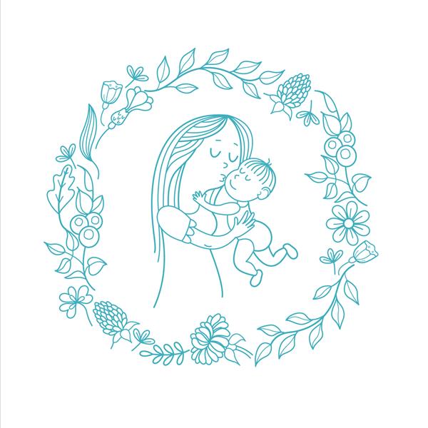 مادر و فرزندش تصویر برداری خطی تاج گل از گیاهان و گل ها لوگوی مادری و کودکی شاد خانواده خوشبخت