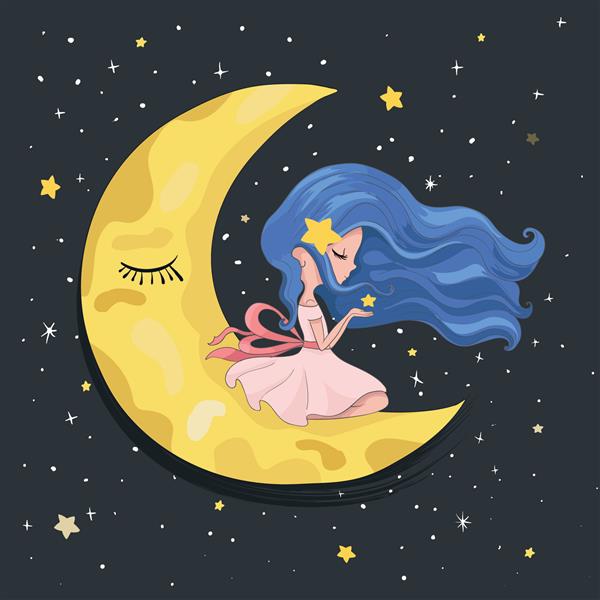 دختر زیبای رمانتیک که روی ماه با ستاره ها نشسته است
