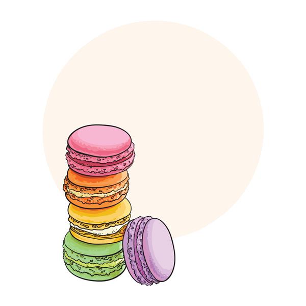 پشته ماکارون رنگارنگ کیک بادام ماکارونی تصویر برداری سبک طرح با فضایی برای متن پشته انبوهی از ماکارون بادام رنگارنگ بیسکویت ماکارونی دسر شیرین و زیبا