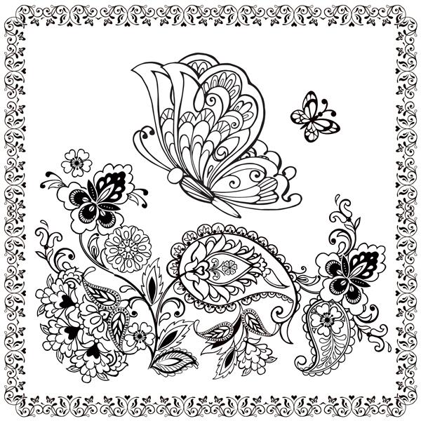 زیور آلات پیسلی و پروانه برای رنگ آمیزی ضد استرس گل های طراحی شده با دست و پروانه های هنری برای صفحه رنگ آمیزی ضد استرس