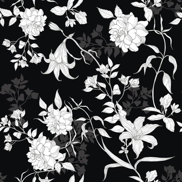 گل رز سیاه و سفید و نیلوفرهای با طرح گل برگ در زمینه سیاه