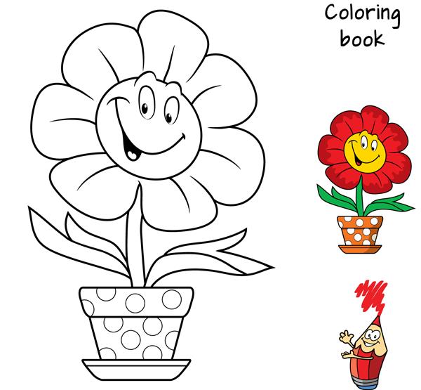 گل خندان خنده دار در گلدان کتاب رنگ آمیزی تصویر برداری کارتونی