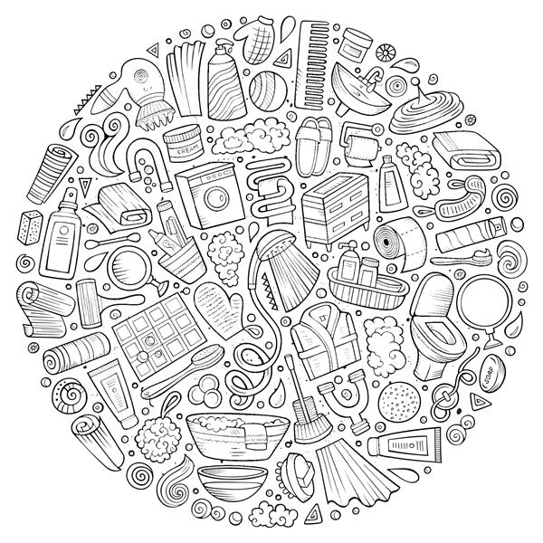 مجموعه ای از اشیاء نمادها و آیتم های ابله کارتونی حمام وکتور خط خط کشیده شده با دست ترکیب گرد
