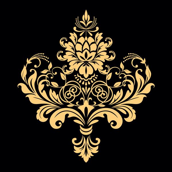 الگوی وکتور طلایی در پس زمینه مشکی تزیینات گرافیکی داماس عنصر طراحی گل