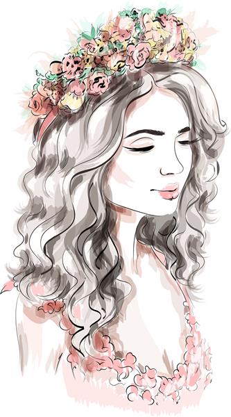 زن جوان زیبا با تاج گل در موهای بلوند دختر مد طرح تصویر برداری