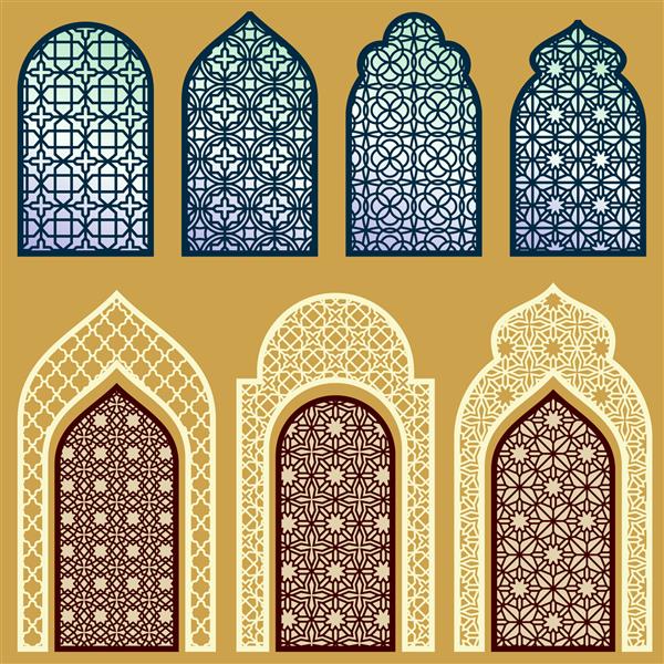 مجموعه وکتور درب و پنجره اسلیمی با طرح تزئینات عربی