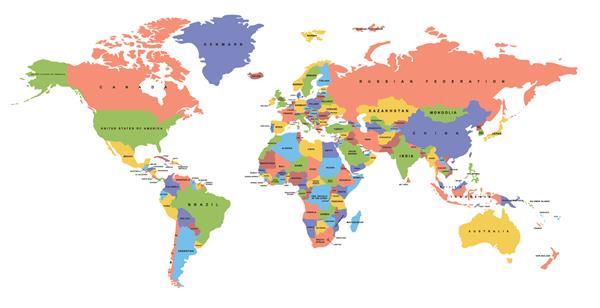 نقشه جهان رنگی با نام کشورها نقشه سیاسی هر کشوری منزوی است