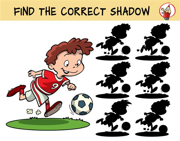 بازیکن فوتبال که با توپ می دود سایه مناسب را پیدا کنید بازی آموزشی برای کودکان تصویر برداری کارتونی