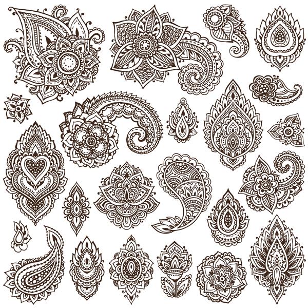 مجموعه وکتور بزرگ عناصر گل حنا بر اساس زیور آلات سنتی آسیایی مجموعه Paisley Mehndi Tattoo Doodles