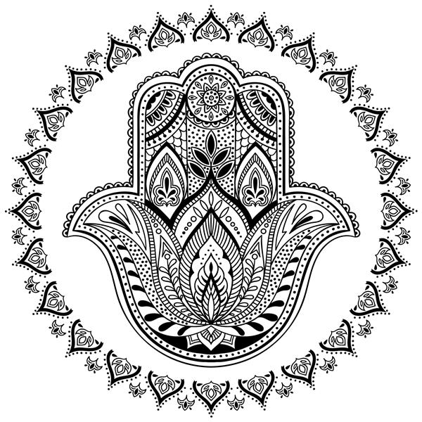 وکتور نماد دست همسا هندی طلسم زینتی قبیله ای سیاه و سفید طراحی دستی قومیتی تصویر بوهو