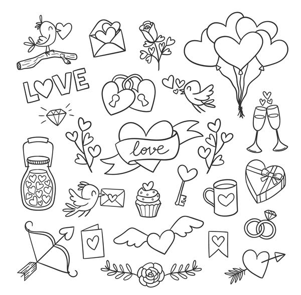 مجموعه ای از عناصر زیبای ابله روز ولنتاین قلب گل پرنده بادکنک و موارد دیگر تصویر برداری برای طرح شما