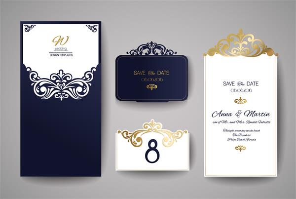 کارت دعوت یا کارت تبریک عروسی با تزئینات گل طلا پاکت دعوت عروسی برای برش لیزری تصویر برداری