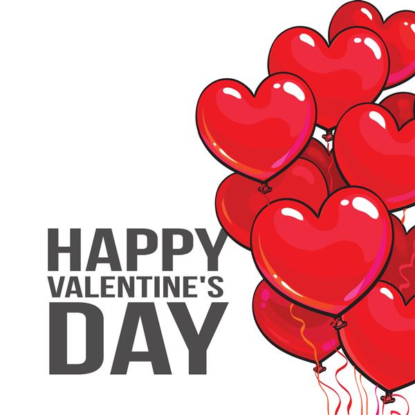 کارت تبریک روز ولنتاین با یک دسته بادکنک قلبی براق در زمینه سفید تصویر برداری کارتونی دسته بادکنک قلبی صورتی و قرمز نماد عشق قالب کارت تبریک
