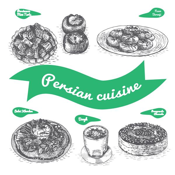تصویر برداری تک رنگ از غذاهای ایرانی و سنت های آشپزی