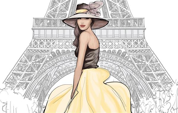 مدل مد جوان زیبا با کلاه در پاریس - تصویر برداری