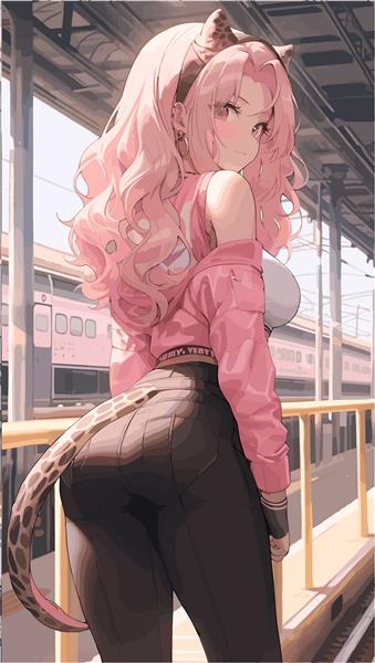 انیمه دختر با لباس گربه منتظر قطار در ایستگاه نمای عقب زیبا وکتور هنر نکو