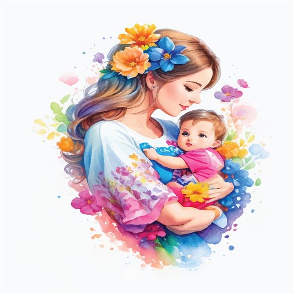 عشق شکوفا اثر هنری آبرنگ مادر و نوزاد