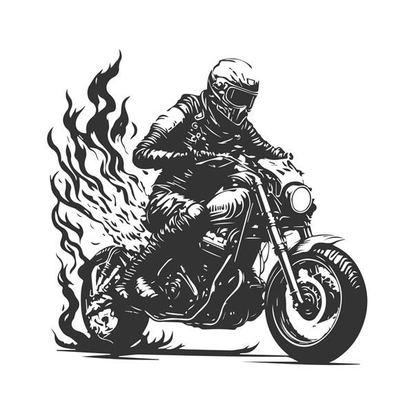یک راکب با موتورسیکلت و تجهیزات ایمنی کامل با وسیله نقلیه خود مسافت های طولانی را طی می کند نماد باشگاه موتور سیکلت سیاه و سفید