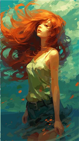 انیمه خانم مو قرمز با باد ملایمی که موهایش را می‌وزاند تصویر برداری شورت تناژ سبز وایفو
