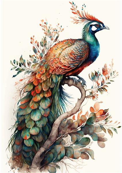تصویر آبرنگ پر دم طاووس