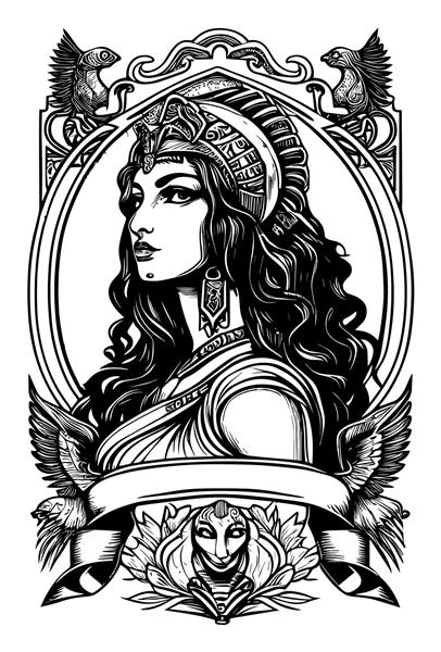 نماد زیبای کلئوپاترای مصری با دست کشیده تصویر آرم سیاه و سفید