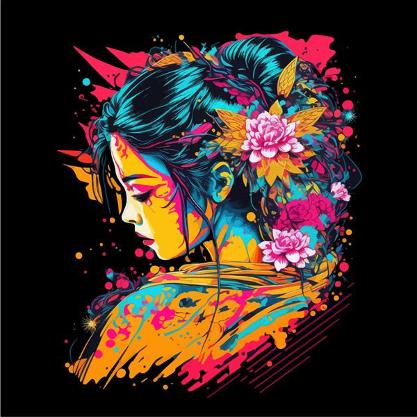 گیشا ژاپنی دختر نمای کنار در گل های مو موهای مایل به آبی پس زمینه تیره رنگ های روشن مناسب برای تی شرت لباس جلد کتاب دفترچه یادداشت