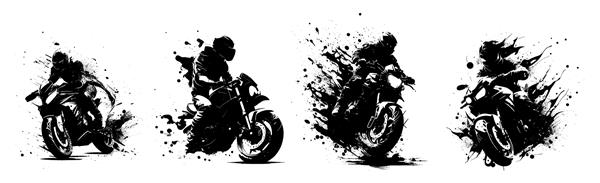 مجموعه وکتور ترکیب سیاه و سفید موتور سیکلت با راننده در حال غلبه بر موانع در آبرنگ موتور سیکلت موتور کراس موتورسواری به سبک گرانج قالب های برداری مفهوم موتوراسپرت بردار