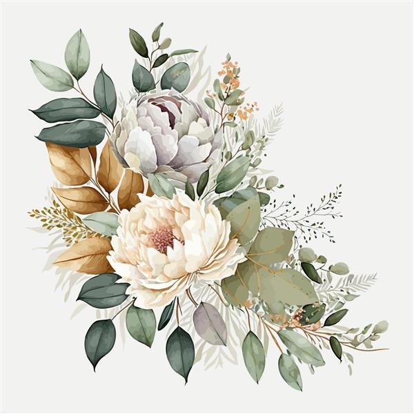 دسته گل تصویری آبرنگ - مجموعه گل های سفید گل رز گل صد تومانی سبز و شاخه های برگ طلا قالب عناصر تزئینی تصویر کارتونی تخت جدا شده در پس زمینه سفید