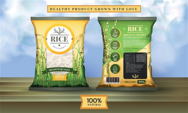 برنج تایلندی یاس بسته بندی سه بعدی برای محصولات غذایی جامد لوگوی دسر ارگانیک یا تازه خوردن طراحی لیبل غلات طبیعی تایلند تغذیه گیاهی وکتور قالب بسته واقعی واقعی