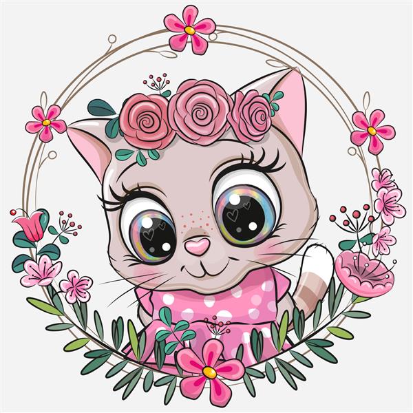 بچه گربه کارتونی زیبا با گل و پاپیون در قاب گل