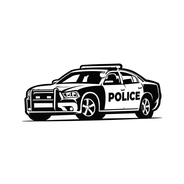 نمای جانبی سیلوئت ماشین پلیس سیاه و سفید تک رنگ وکتور هنر جدا شده