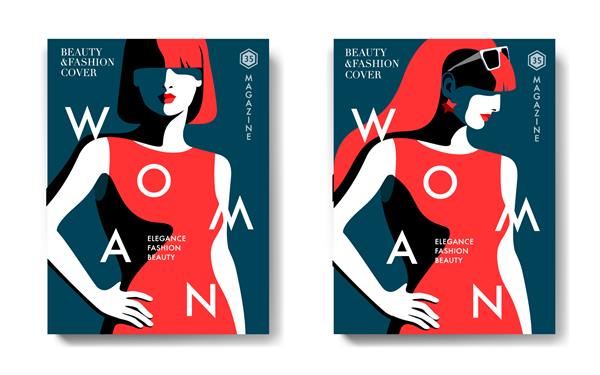 دو نوع طراحی جلد مجلات مد زن جوان با لباس تابستانی قرمز و عینک آفتابی حروف متن پس زمینه آبی تصویر برداری