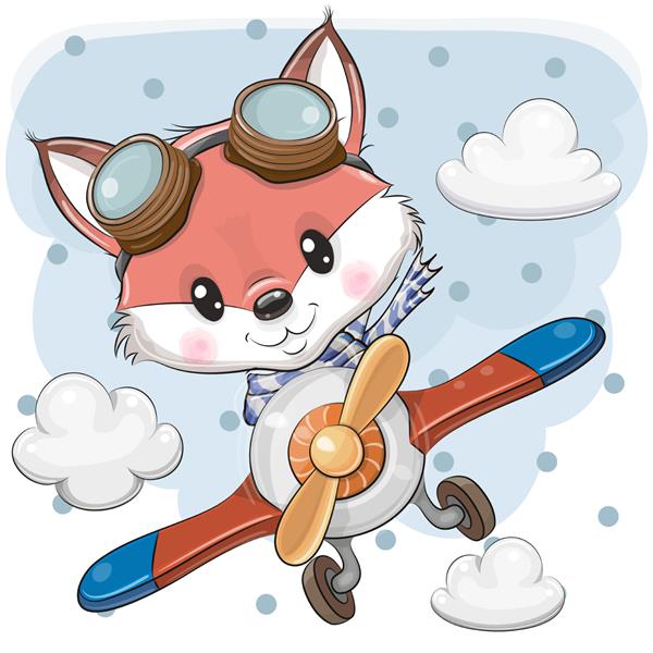 روباه کارتونی ناز در حال پرواز در هواپیما است